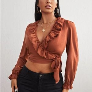 Ruffle Trim Tie Side Wrap Blouse